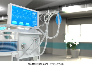 ICU artificial lung ventilator with fictive design in modern clinic with bokeh - fight covid-19 concept, medical 3D illustration