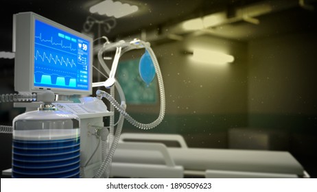 ICU Covid Ventilator In Clinic, Cg Healthcare 3d Illustration