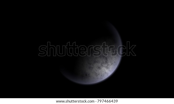 An icy\
planet in space against the black\
vacuum