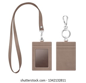 Id Card Holder, Business Card Case With Neck Strap, Mockup With Leather Texture