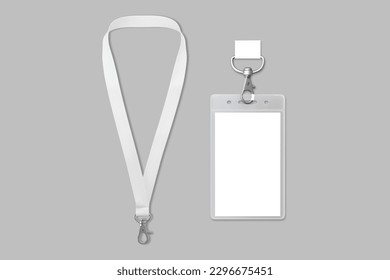 ID card holder with white colored lanyard mockup isolated on a grey background. 3d rendering.	