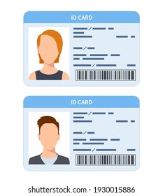 Id card. Women and men plastic identification cards, driver international license. Verify corporate document flat template