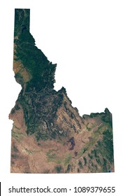 Idaho state satellite image isolated on white background. Isolated map of Idaho (ID). USA state photo from space. Elements of this image furnished by NASA.