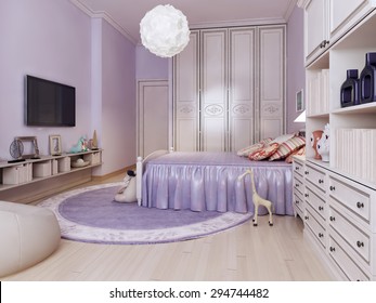 Idea Of Bright Bedroom For Girls. Inspiration For A Beautiful Contemporary Girls Bedroom Kids With Purple Walls And Medium Tone Hardwood Floors. 3D Render