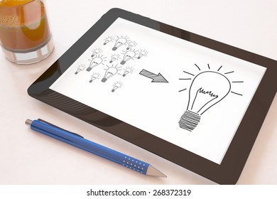 Idea Concept - light bulb on a mobile tablet computer on a desk - 3d render illustration.