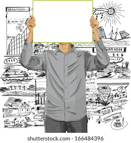 Idea concept. Man with write board in his hands against his head