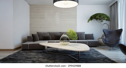 Idea Of Contemporary Living Room. Combined Wall Decoration. Living Room With Dark Furniture And Light Wooden Table. 3D Render