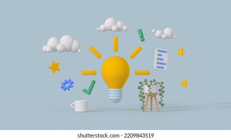 Idea and creative thinking concept. Minimal cartoon style 3D render illustration