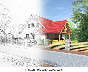 Idea Of House Construction. Conceptual Illustration Of An Architect's Dream.