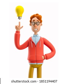 Idea And Innovation Technology Concept. Nerd Larry  With Lightbulb. 3d Illustration.