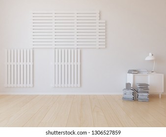 Idea ofa white empty scandinavian room interior with dresser on the wooden floor and large wall and white landscape in window. Background interior. Home nordic interior. 3D illustration - Shutterstock ID 1306527859