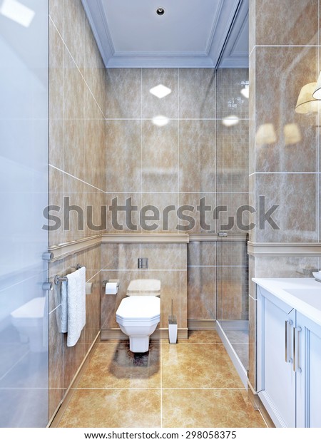 Idea of provence bathroom. An example of\
an interior bathroom with limited space, where the separated shower\
looks nice with a door of glass.3D\
render