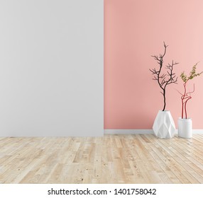 Idea of a white and coral empty scandinavain room interior with vases on the wooden floor and large wall and white landscape in window. Background interior. Home nordic interior. 3D illustration - Shutterstock ID 1401758042
