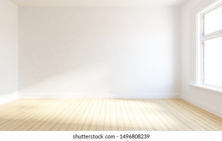 Idea Of A White Empty Minimalist Room Interior With Light On The Wooden Floor And Large Wall And White Landscape In Window. Background Interior. Home Nordic Interior. 3D Illustration