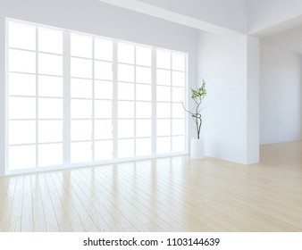 Idee eines weißen, leeren skandinavischen Raumes mit Vase auf dem Holzboden und große Wand und weiße Landschaft im Fenster. Heimliches nordisches Interieur. 3D-Illustration