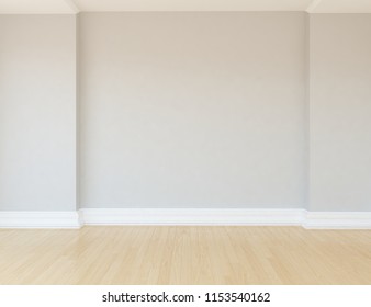 Idea Of A White Empty Scandinavian Room Interior With Wooden Floor And Large Wall And White Landscape In Window. Home Nordic Interior. 3D Illustration