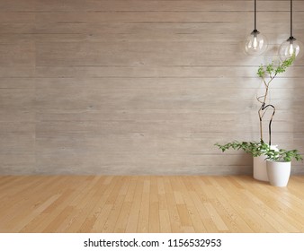 Idea of a white empty scandinavian room interior with vases on the wooden floor and large wooden wall and white landscape in window. Home nordic interior. 3D illustration