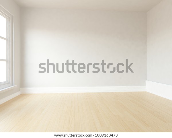 想法的一个白色空的斯堪的纳维亚房间内部与木地板和大墙壁和白色景观在窗口 首页北欧室内 3d 插图库存插图