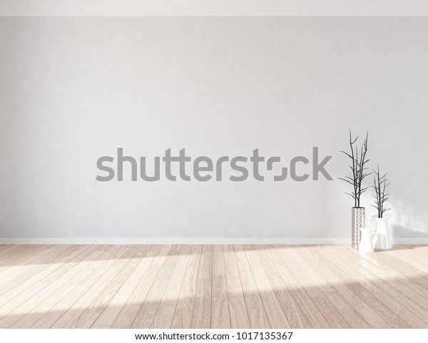 想法的一个白色空的斯堪的纳维亚房间内部与花瓶在木地板和大墙壁和白色景观在窗口 首页北欧室内 3d 插图库存插图
