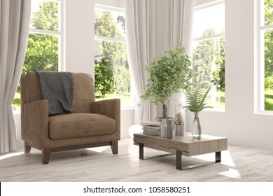 Idea of white room with armchair and summer landscape in window. Scandinavian interior design. 3D illustration - Shutterstock ID 1058580251