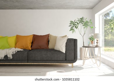 Idea of white room with sofa and summer landscape in window. Scandinavian interior design. 3D illustration - Shutterstock ID 1035811102