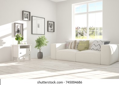 Idea Of White Room With Sofa And Summer Landscape In Window. Scandinavian Interior Design. 3D Illustration