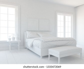 Idea of a white scandinavain bedroom interior with double bed and frames on the large wall and white landscape in windows. Home nordic interior. 3D illustration