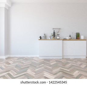 Idea of a white scandinavain kitchen room interior with dinning furniture and wooden floor and large wall and white landscape in window. Home nordic interior. 3D illustration - Shutterstock ID 1422545345