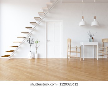 Idea Of A White Scandinavian Kitchen Room Interior With Dinning Furniture And Stairs, Door And Large Wall And White Landscape In Window. Home Nordic Interior. 3D Illustration