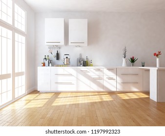 Idea Of A White Scandinavian Kitchen Room Interior With Dinning Furniture And Large Wall And White Landscape In Window. Home Nordic Interior. 3D Illustration