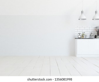 Idea Of A White Scandinavian Kitchen Room Interior With Dinning Furniture And Large Wall And White Landscape In Window. Home Nordic Interior. 3D Illustration