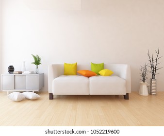 Idea of a white scandinavian living room interior with sofa, dresser, vases on the wooden floor and decor on the large wall and white landscape in window. Home nordic interior. 3D illustration - Shutterstock ID 1052219600