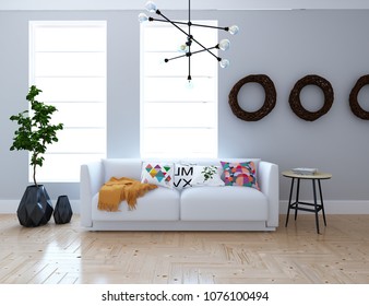 Idea of a white scandinavian living room interior with sofa, vases on the wooden floor and decor on the large wall and white landscape in windows. Home nordic interior. 3D illustration - Shutterstock ID 1076100494