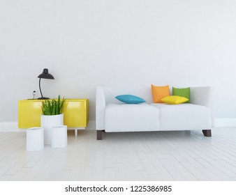 Idea of a white scandinavian living room interior with sofa, dresser, vases on the wooden floor and decor on the large wall and white landscape in window. Home nordic interior. 3D illustration - Shutterstock ID 1225386985
