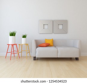 Idea of a white scandinavian living room interior with sofa, vases on the wooden floor and frames on the large wall and white landscape in window. Home nordic interior. 3D illustration - Shutterstock ID 1254534523