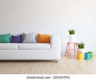 Idea of a white scandinavian living room interior with sofa, vases on the wooden floor and frames on the large wall and white landscape in window. Home nordic interior. 3D illustration - Shutterstock ID 1255597951