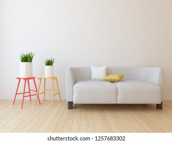 Idea of a white scandinavian living room interior with sofa, vases on the wooden floor and decor on the large wall and white landscape in window. Home nordic interior. 3D illustration - Shutterstock ID 1257683302