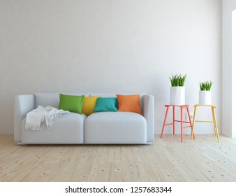 Idea of a white scandinavian living room interior with sofa, vases on the wooden floor and decor on the large wall and white landscape in window. Home nordic interior. 3D illustration - Shutterstock ID 1257683344