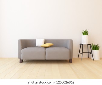 Idea of a white scandinavian living room interior with sofa, vases on the wooden floor and decor on the large wall and white landscape in window. Home nordic interior. 3D illustration - Shutterstock ID 1258026862