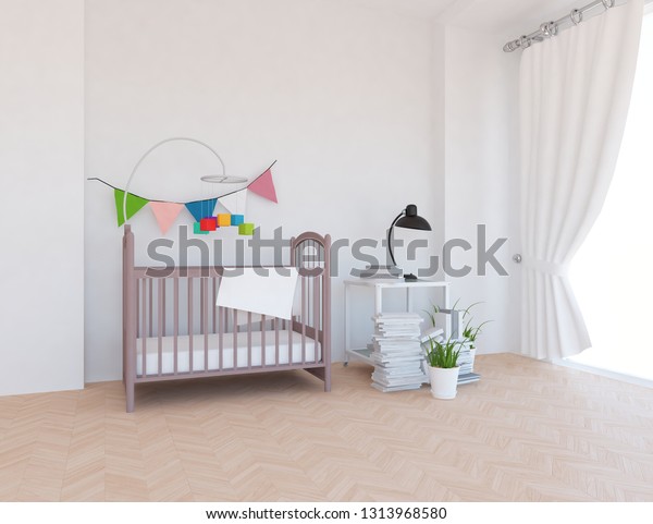 Idea White Scandinavian Nursery Room Interior Stock Illustration