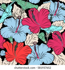 Ideal for web, card, poster, fabric or textile. Hand Drawn tropical style texture. Of hibiscus flowers on a black. Creative universal floral pattern in blue, pink and orange colors.