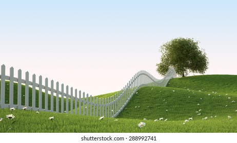 Idealistic Landscape With Grass And Fence 3D Render