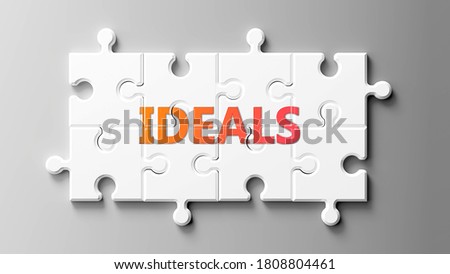 Ideals complex like a puzzle - pictured as word Ideals on a puzzle pieces to show that Ideals can be difficult and needs cooperating pieces that fit together, 3d illustration