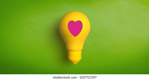 Ideas And Innovation Concept: 3D Rendered Retro Type Yellow Light Bulb On Green Background. Red Heart Shape For Love And Romance. Romantic Inspiration For Valentines And Mothers Day.  Passion For Work