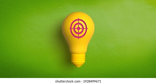 Ideas And Innovation Concept: 3D Rendered Retro Type Yellow Light Bulb On Green Background. Red Target Board Shape. Aiming High And Precise. Focus On Business Score. Reaching Goals. Perfection At Job