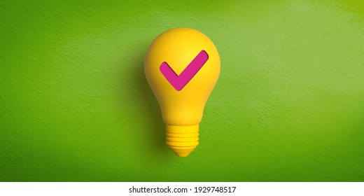 Konzept für Ideen und Innovation: 3D gerenderte gelbe Glühbirne vom Retrotyp auf grünem Hintergrund. Rotes Scheckzeichen. Überlegen Sie, was getan ist. Okay und überprüft. Positive Bestätigung und Zustimmung zu irgendetwas