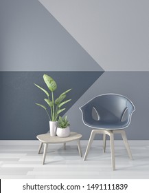 Ideas Of Living Room Blue Geometric Wall Art Paint Design Color Full Style On Wooden Floor.3D Rendering