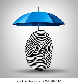 Identification Protection And ID Fraud Safety As An Umbrella Protecting A Fingerprint Or Finger Print Icon As An Identity Security Symbol And Consumer Information Guard.