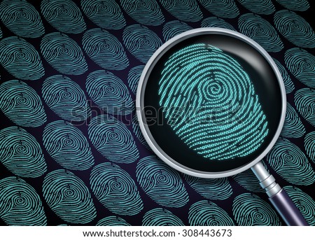Identity search concept or choosing the right employee as a recruitment and human resource symbol with a magnifying glass close up of a finger print or fingerprint as a security technology metaphor. Foto stock © 