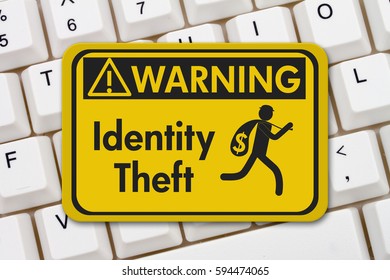 Identity Theft Warning Sign, A Yellow Warning Sign With Text Identity Theft And Theft Icon On A Keyboard 3D Illustration